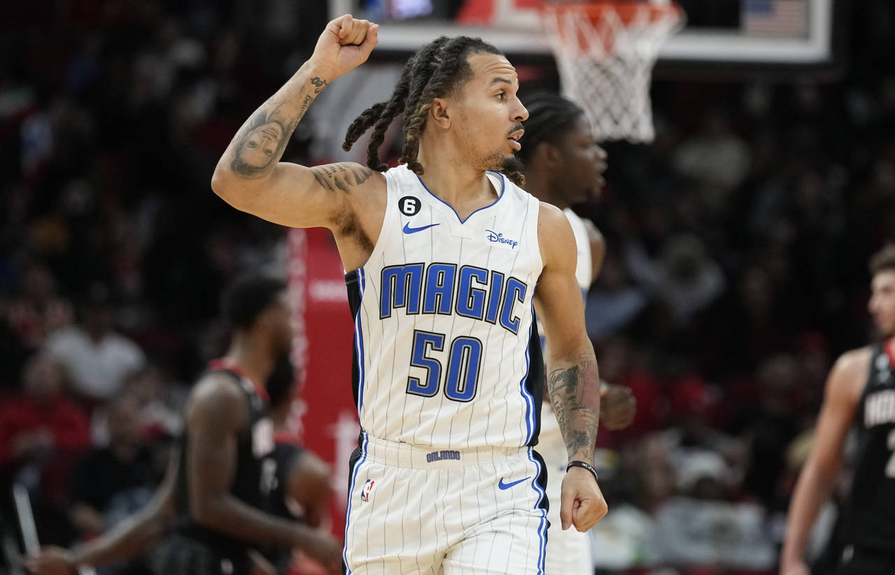 Orlando Magic guard Cole Anthony (50) reacts after making a three point basket during the second ha...