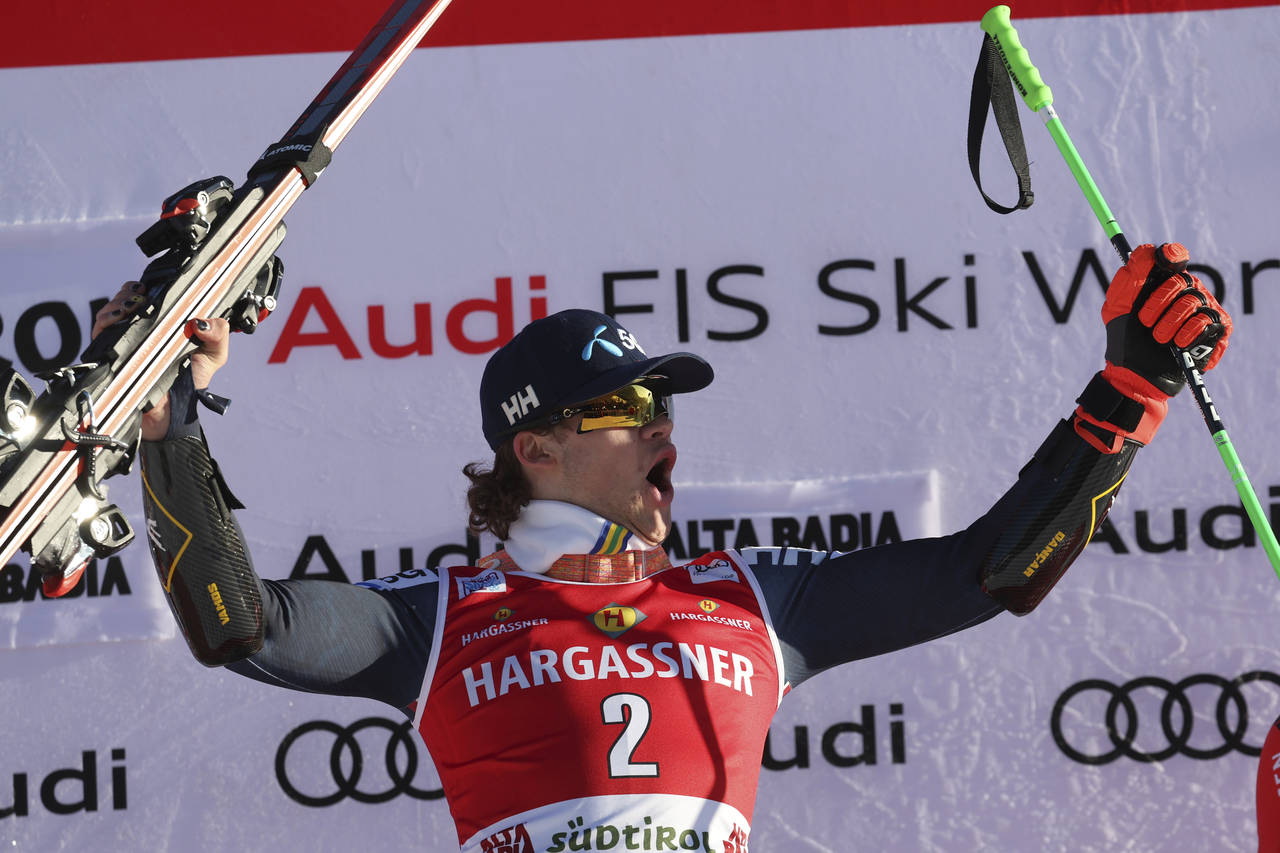 The winner Norway's Lucas Braathen celebrates after an alpine ski, men's World Cup giant slalom, in...