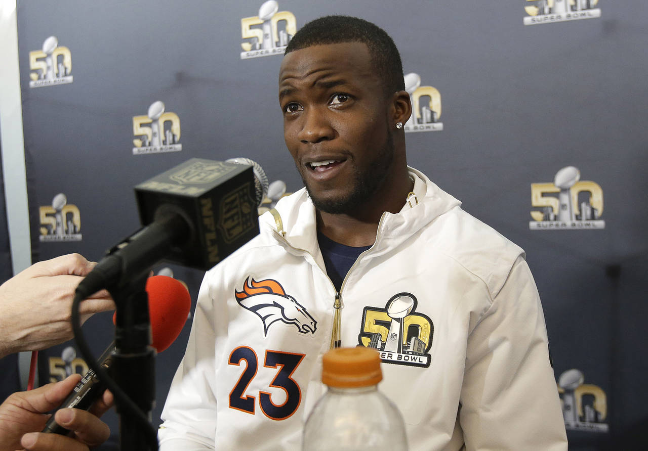 FILE - Denver Broncos running back Ronnie Hillman speaks to reporters in Santa Clara, Calif., Tuesd...