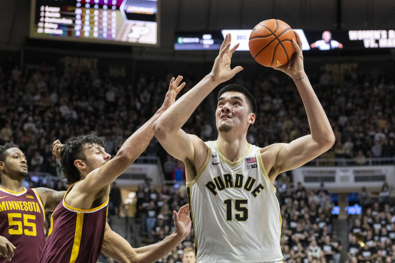 Purdue center Zach Edey (15) shoots during the second half of an NCAA college basketball game again...