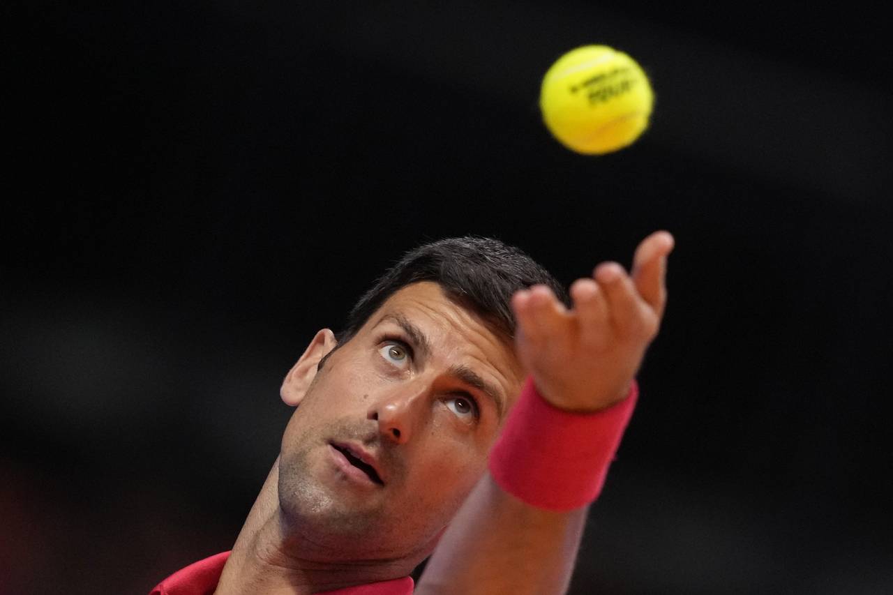Serbia's Novak Djokovic of Falcons, serves to Austria's Sebastian Ofner of Kites, during a match of...