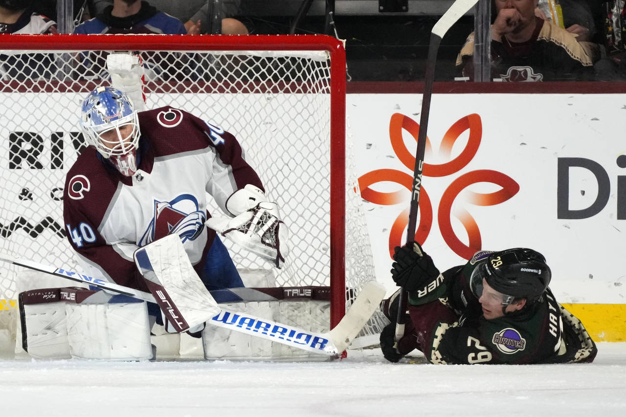 Arizona Coyotes center Barrett Hayton (29) slides along the ice after colliding with Colorado Avala...
