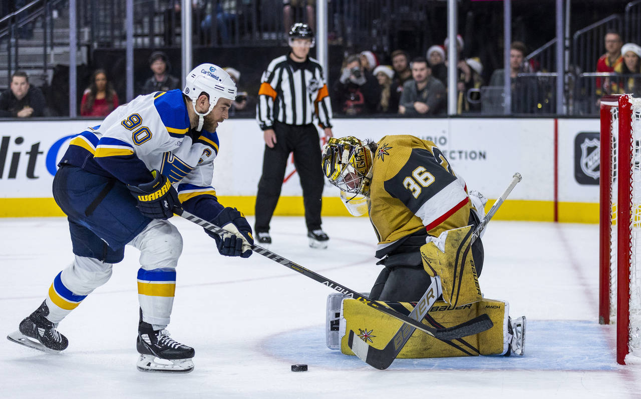 Vegas Golden Knights goaltender Logan Thompson (36) rejects a shot by St. Louis Blues center Brayde...