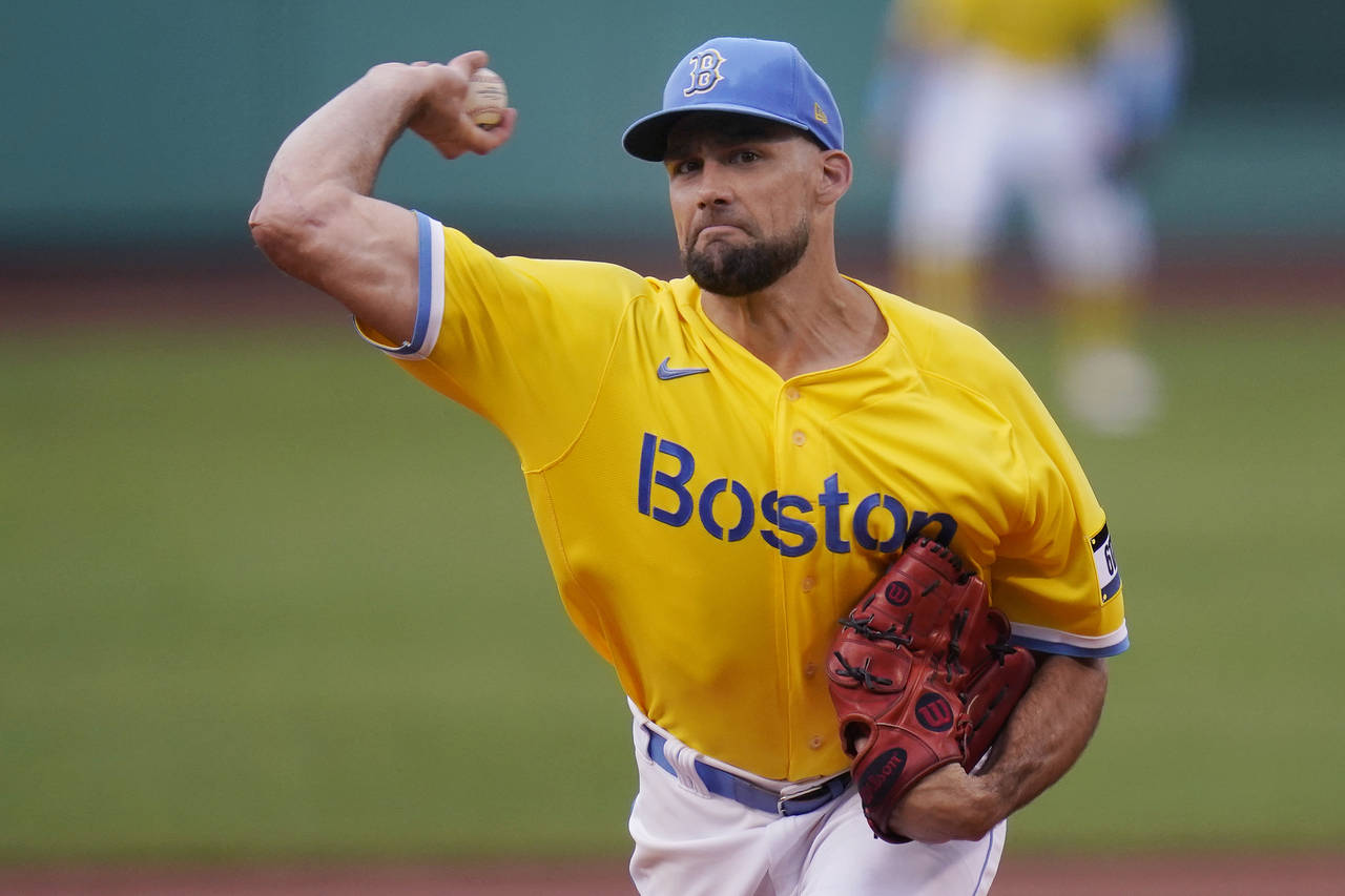 FILE -Boston Red Sox starting pitcher Nathan Eovaldi delivers during the first inning of the team's...