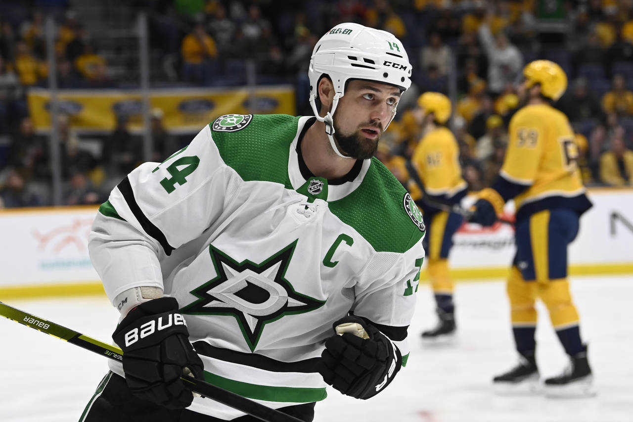 Dallas Stars left wing Jamie Benn (14) looks ups after scoring a goal against the Nashville Predato...