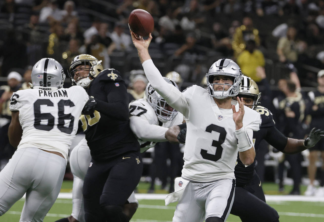 FILE - Las Vegas Raiders quarterback Jarrett Stidham (3) throws a pass during the second half of th...