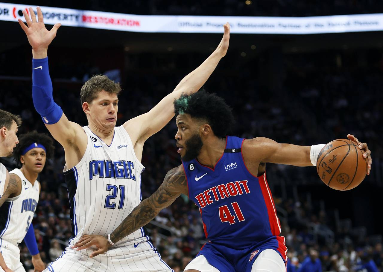 Detroit Pistons forward Saddiq Bey (41) works the ball against Orlando Magic center Moritz Wagner (...