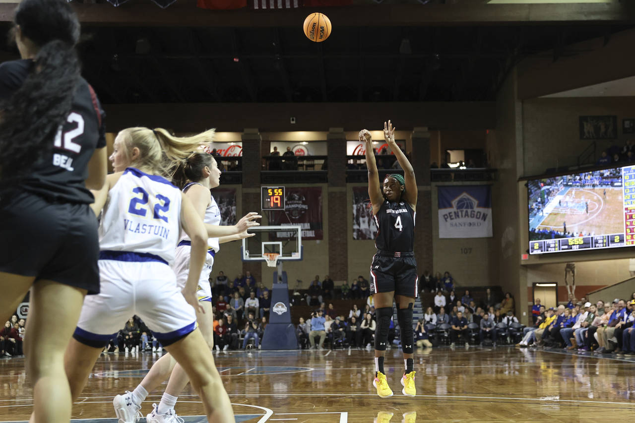 South Carolina F Aliyah Bost (4) shoots during the first half of an NCAA college basketball game ag...