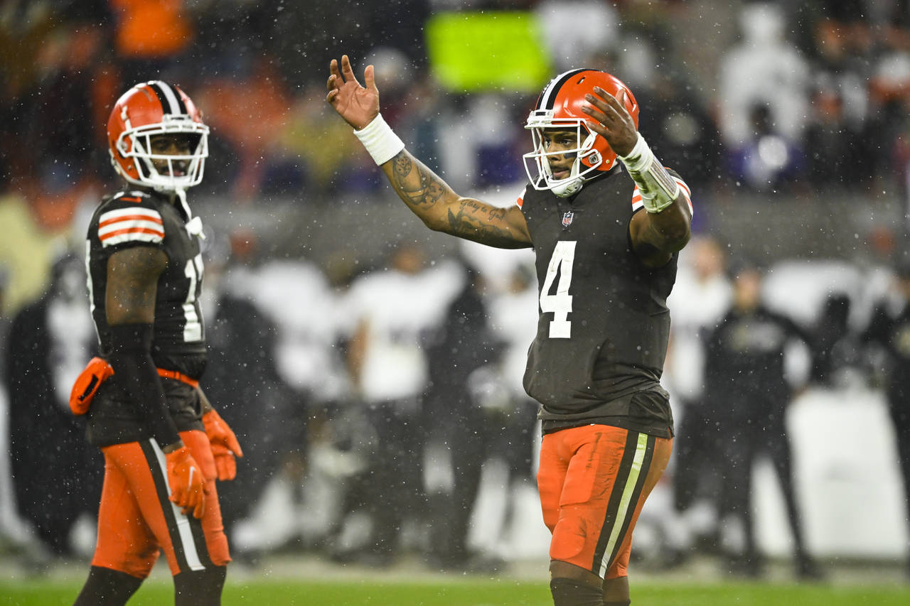 Cleveland Browns quarterback Deshaun Watson reacts during the second half of an NFL football game a...