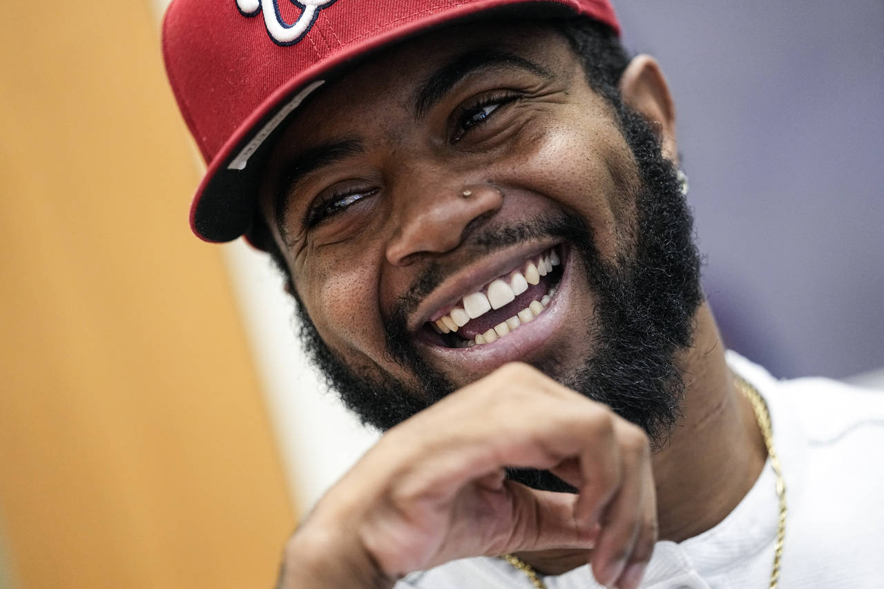 Former Southern University football player Devon Gales smiles as he speaks during an interview Frid...