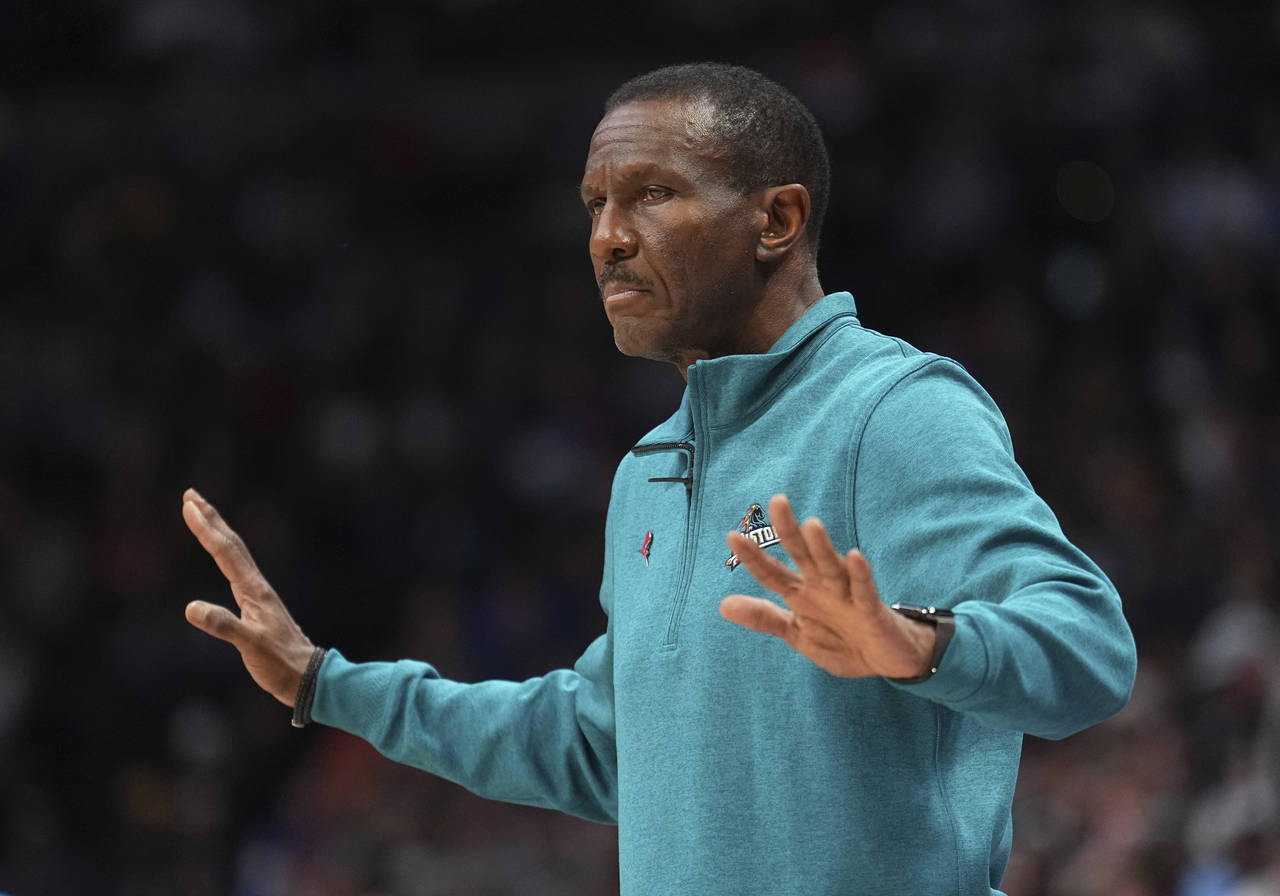 Detroit Pistons head coach Dwane Casey reacts against the Denver Nuggets during the second quarter ...