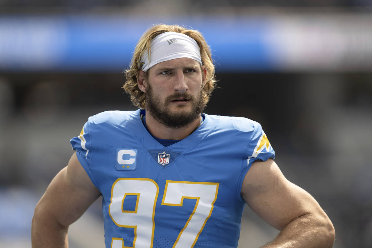 FILE - Los Angeles Chargers linebacker Joey Bosa (97) looks on before an NFL football game against ...