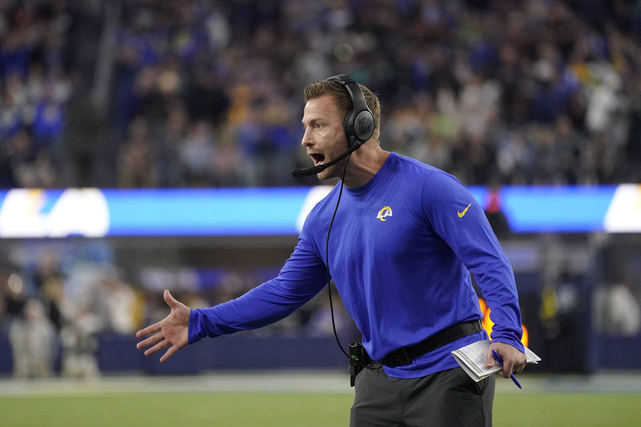 Los Angeles Rams head coach Sean McVay celebrates after a touchdown run by running back Cam Akers d...