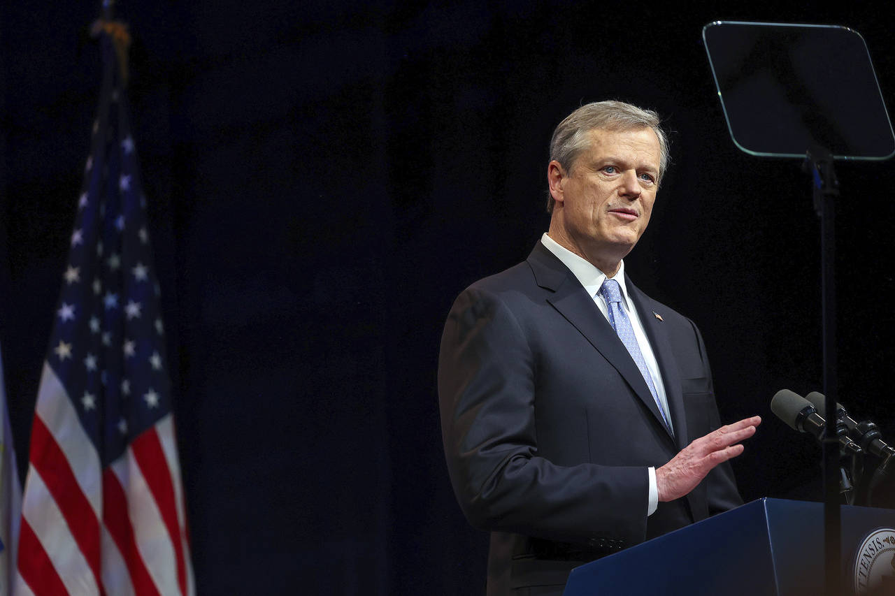 FILE - Massachusetts Gov. Charlie Baker delivers the State of the Commonwealth address, Tuesday, Ja...