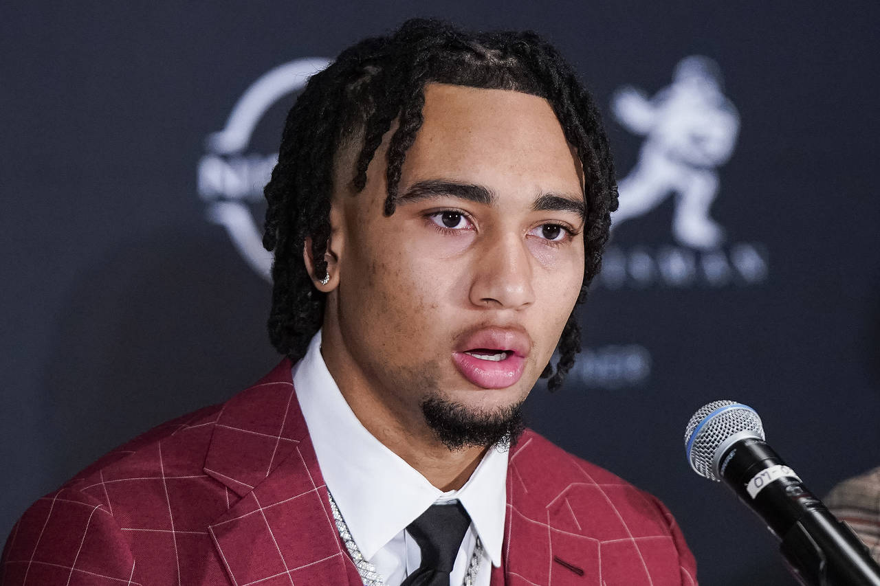 Heisman trophy finalist, Ohio State quarterback C.J. Stroud speaks during an NCAA college football ...