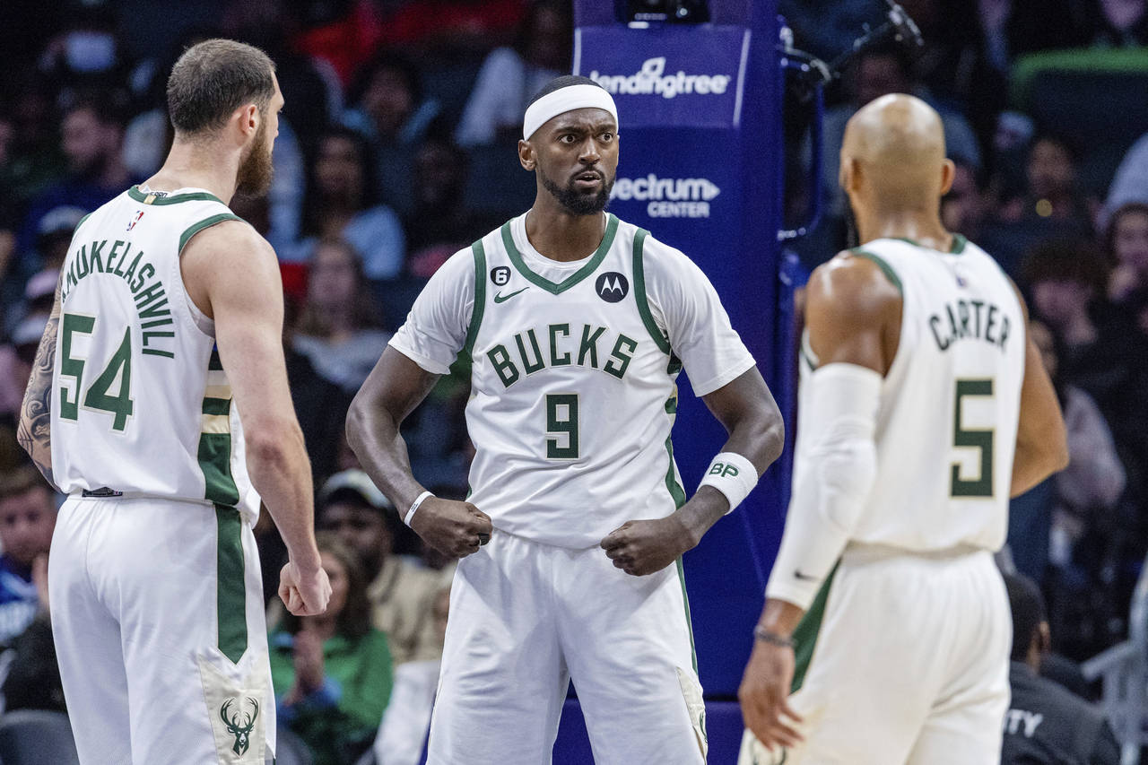 Milwaukee Bucks forward Bobby Portis (9) celebrates after drawing a foul during the second half of ...