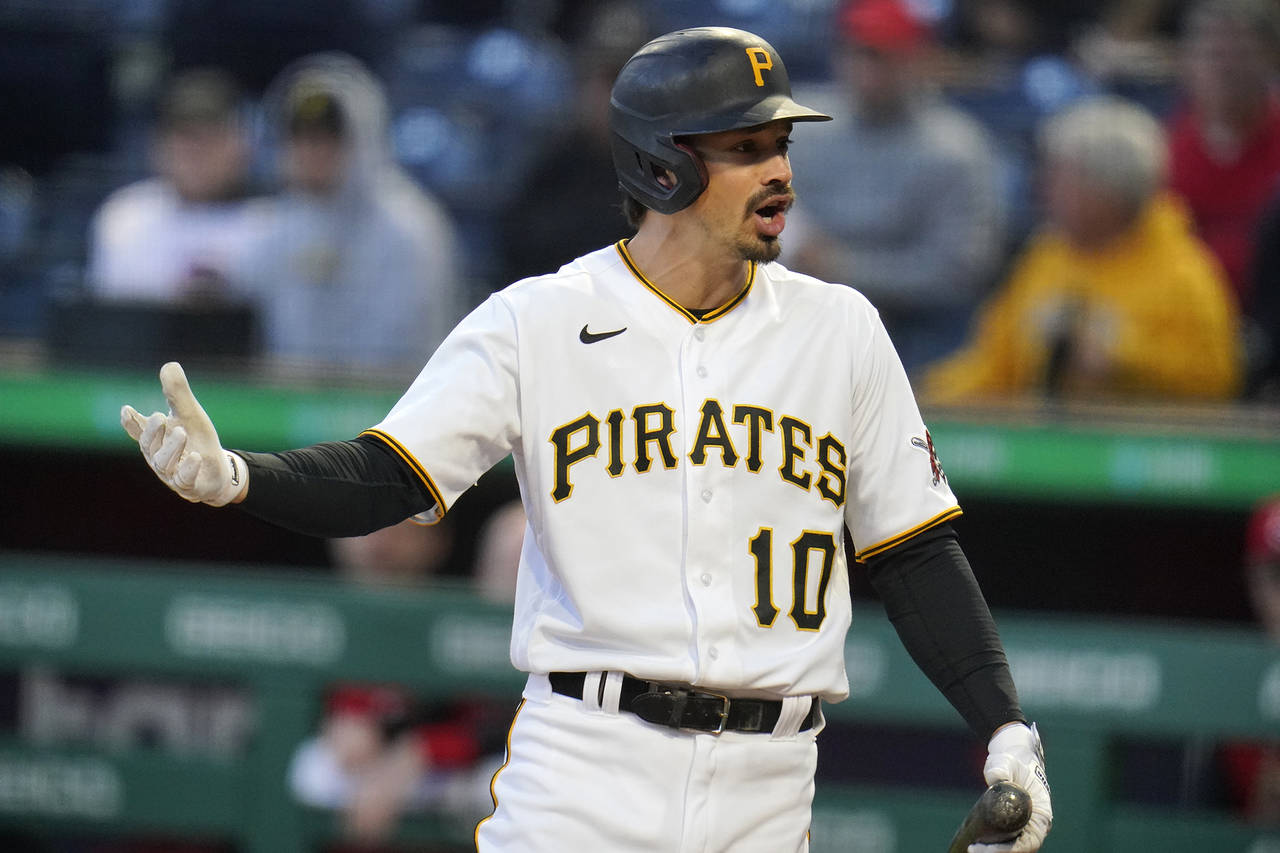 FILE - Pittsburgh Pirates' Bryan Reynolds disagrees with a called third strike during the first inn...