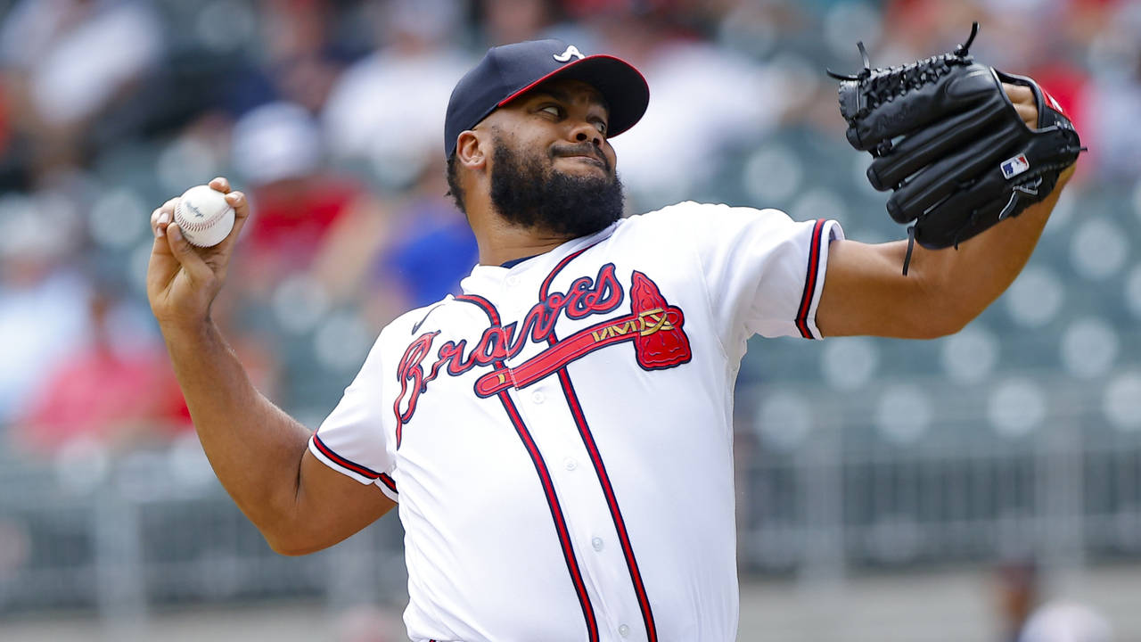 FILE - Atlanta Braves relief pitcher Kenley Jansen delivers in the ninth inning of a baseball game ...
