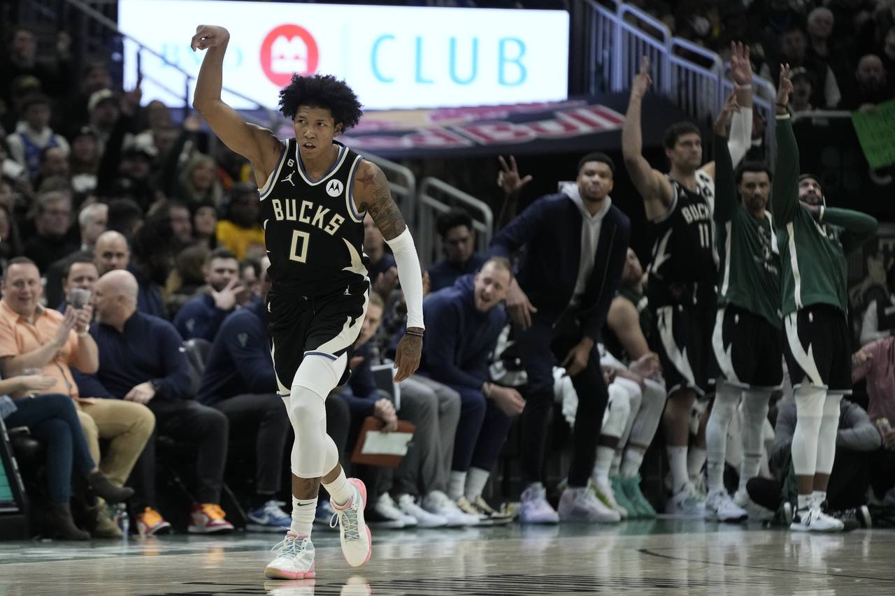 Milwaukee Bucks' MarJon Beauchamp reacts after making a three pointer during the second half of an ...