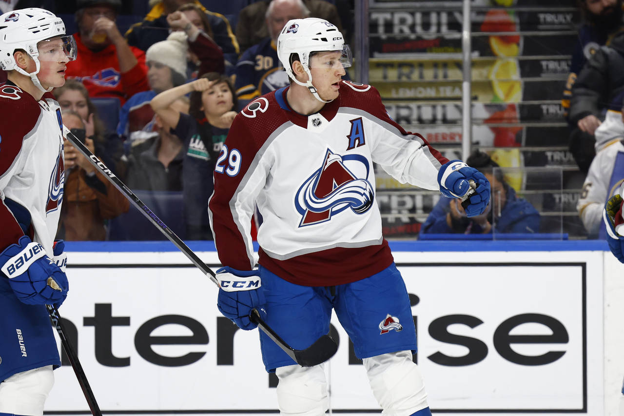 Colorado Avalanche center Nathan MacKinnon (29) celebrates his goal against the Buffalo Sabres duri...