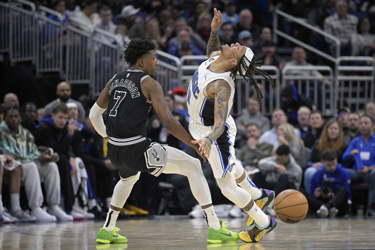 Orlando Magic guard Markelle Fultz, right, is fouled by San Antonio Spurs guard Josh Richardson (7)...