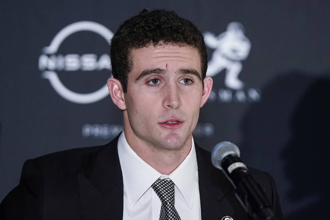 Heisman trophy finalist, Georgia quarterback Stetson Bennett speaks during an NCAA college football...