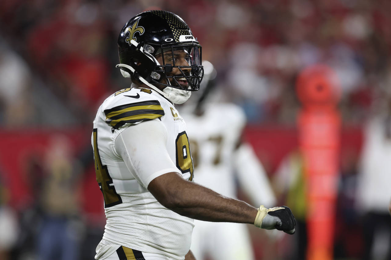 New Orleans Saints defensive end Cameron Jordan (94) reacts between plays in the first half of an N...