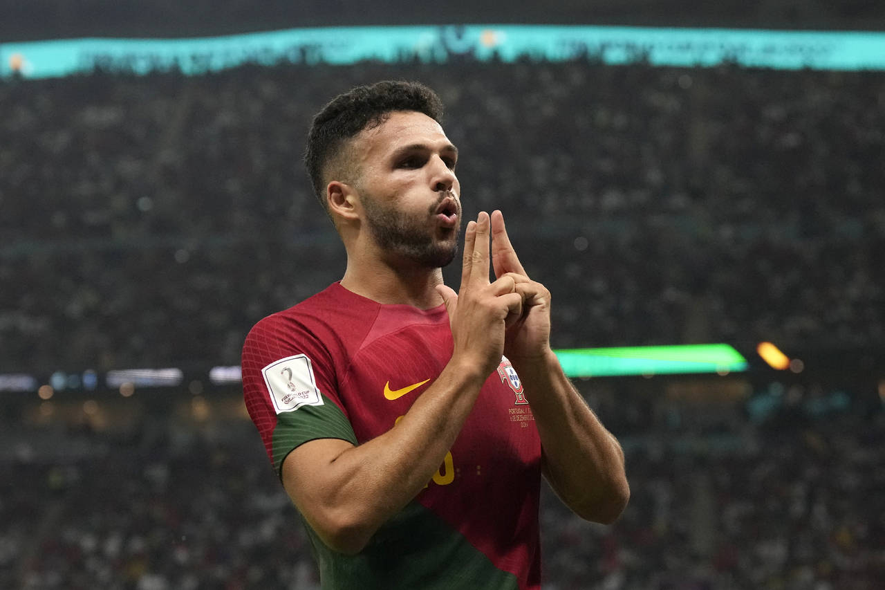 Portugal's Goncalo Ramos celebrates after scoring his side's fifth goal during the World Cup round ...
