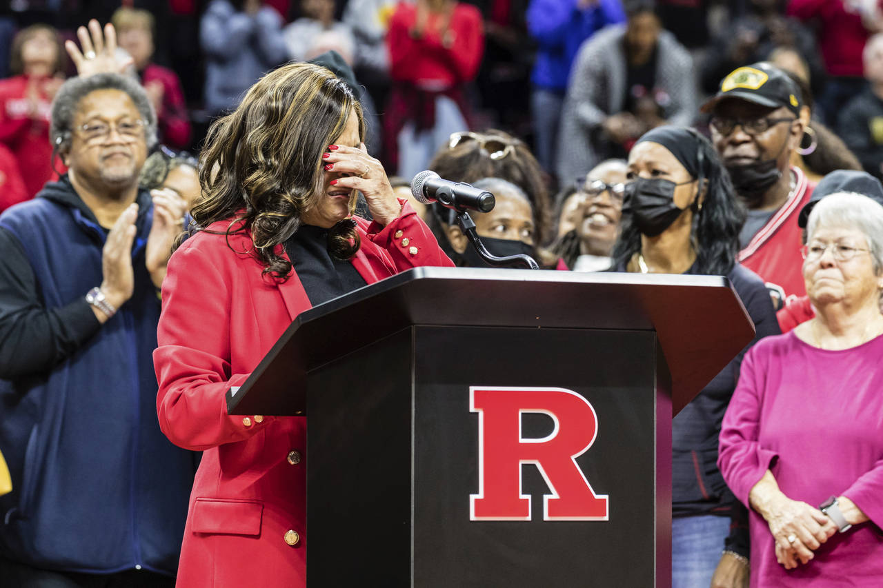 Former Rutgers head coach, C. Vivian Stringer, becomes emotional during a ceremony held in her hono...