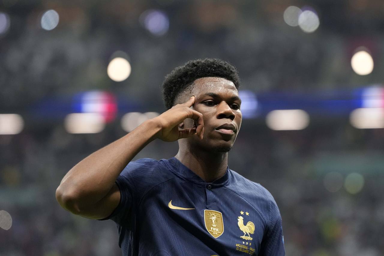France's Aurelien Tchouameni celebrates after scoring his side's opening goal during the World Cup ...