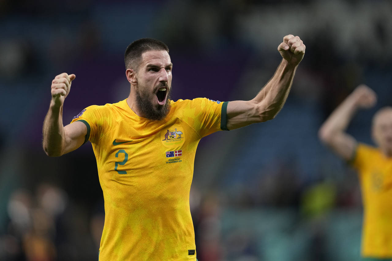 Australia's Milos Degenek celebrates his team victory during the World Cup group D soccer match bet...