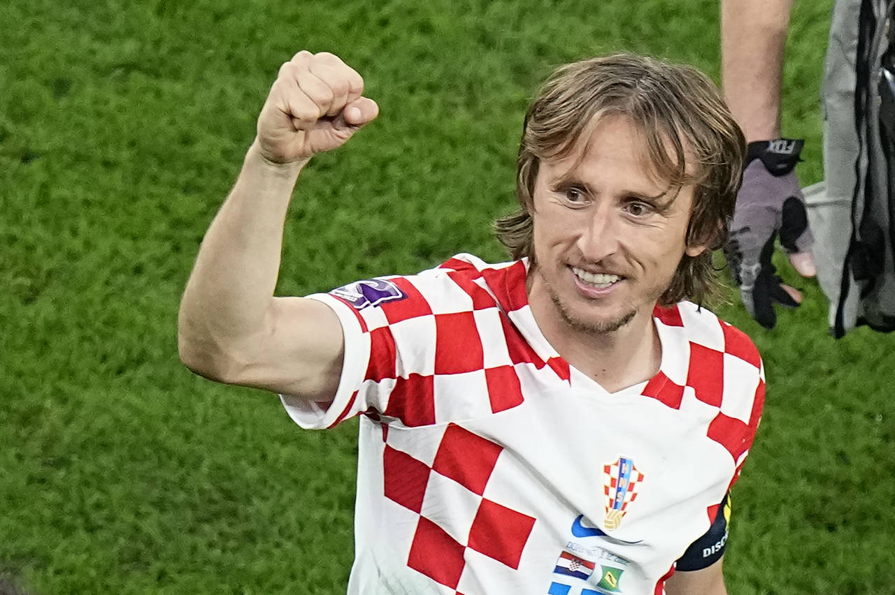 Croatia's Luka Modric celebrates after the World Cup quarterfinal soccer match between Croatia and ...