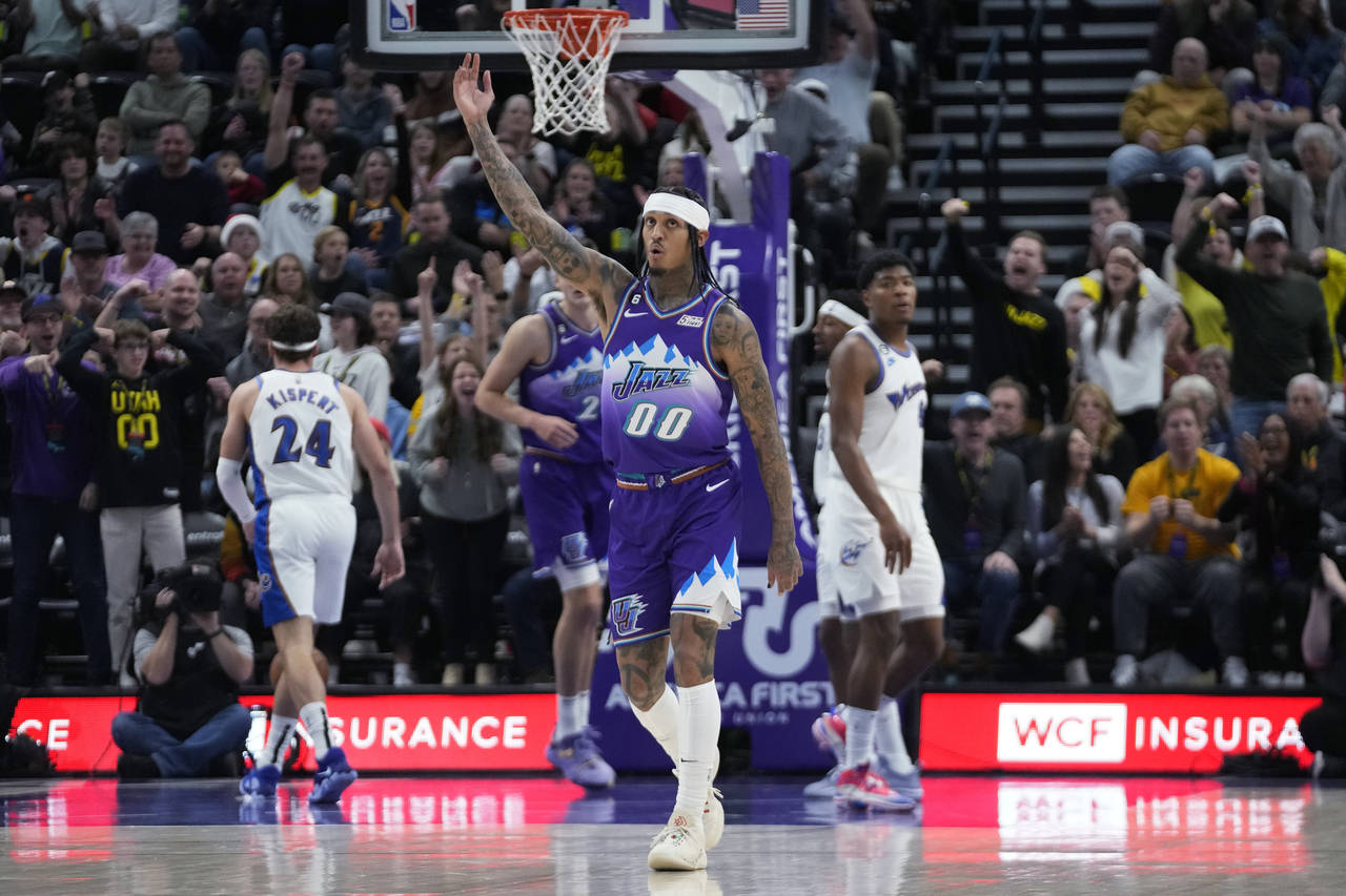 Utah Jazz guard Jordan Clarkson (00) celebrates after a teammate scored against the Washington Wiza...