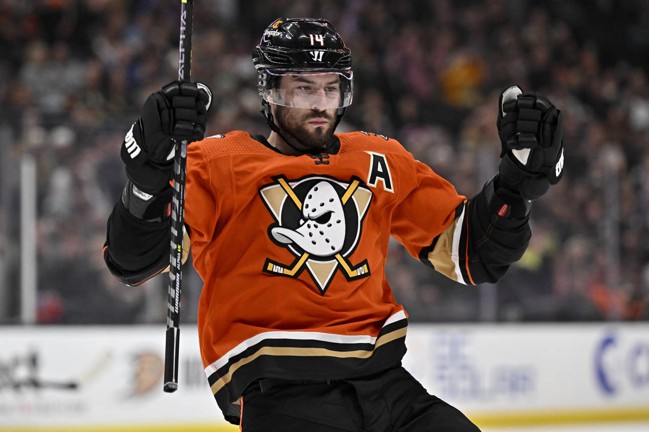Anaheim Ducks center Adam Henrique reacts after scoring his second goal against the Vegas Golden Kn...