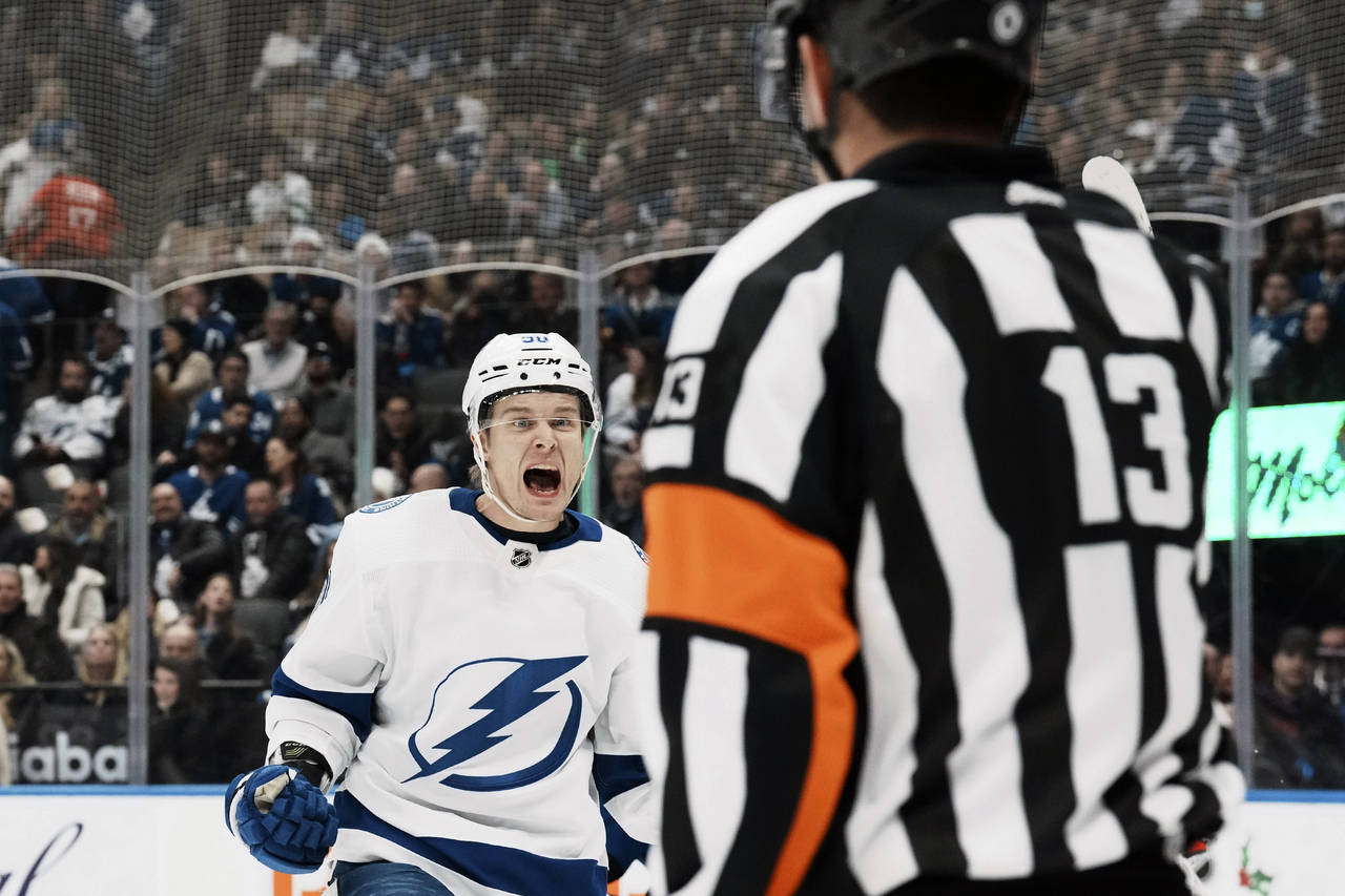 Tampa Bay Lightning's Vladislav Namestnikov celebrates after scoring against the Toronto Maple Leaf...