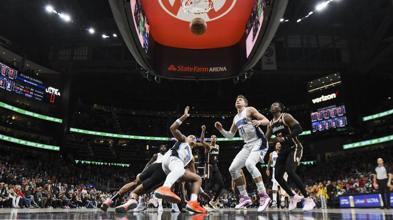 Atlanta Hawks guard Dejounte Murray makes both free throws during the second half of an NBA basketb...