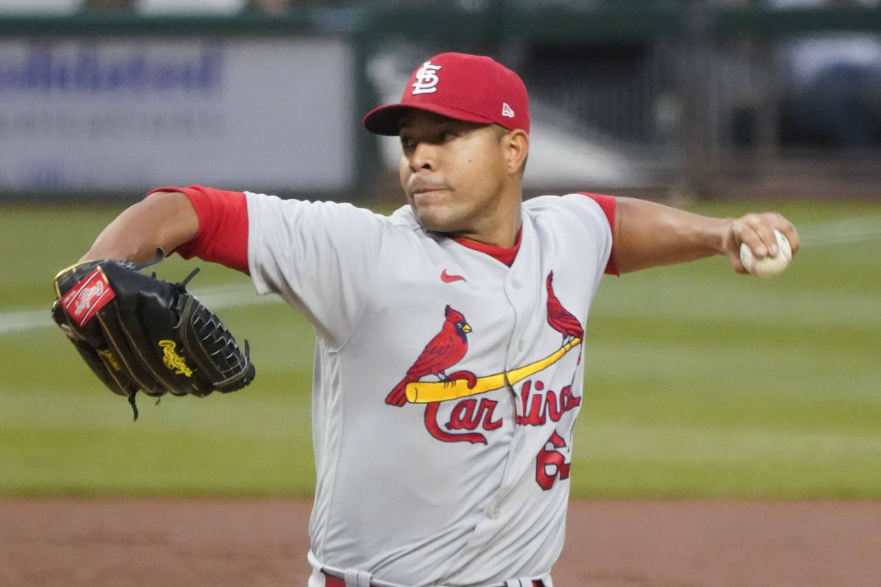 FILE - St. Louis Cardinals starter Jose Quintana pitches against the Pittsburgh Pirates during the ...