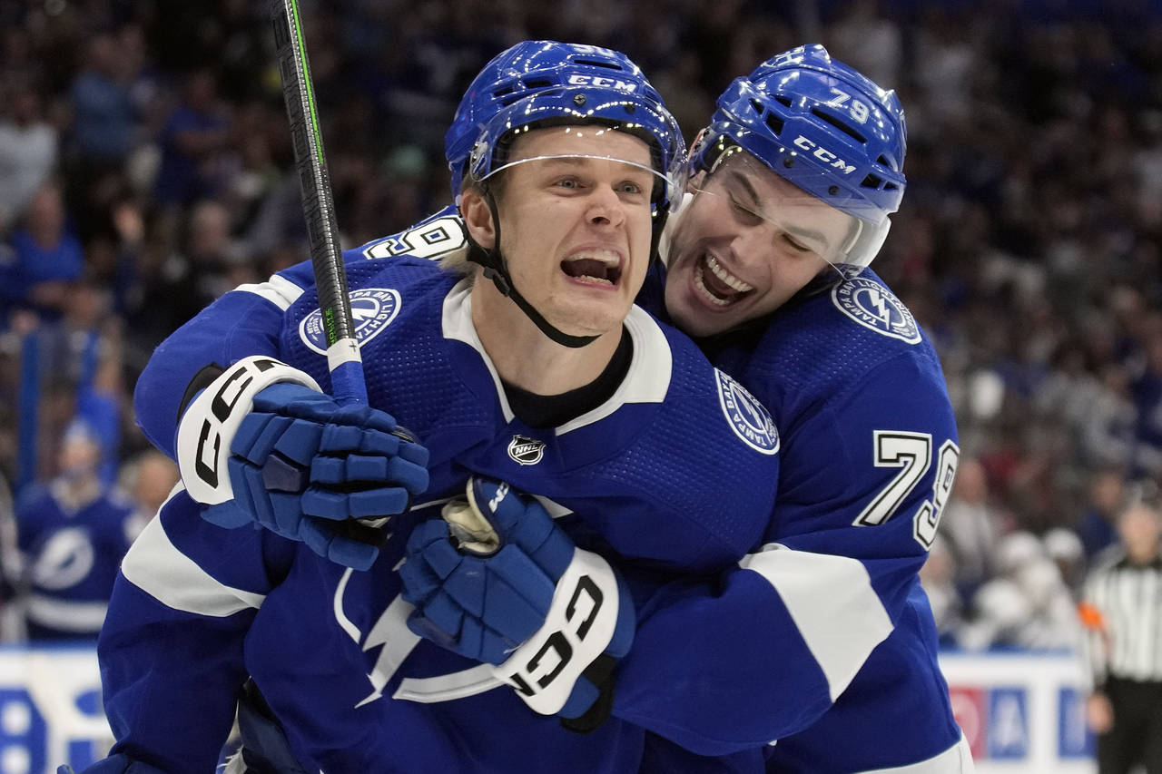 Tampa Bay Lightning center Vladislav Namestnikov (90) celebrates his goal against the Toronto Maple...