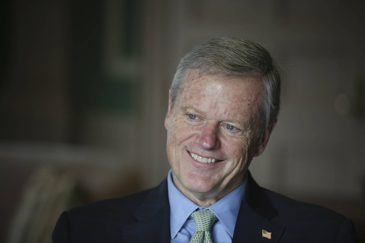 Massachusetts Governor Charlie Baker speaks during an interview at the Massachusetts State House Tu...