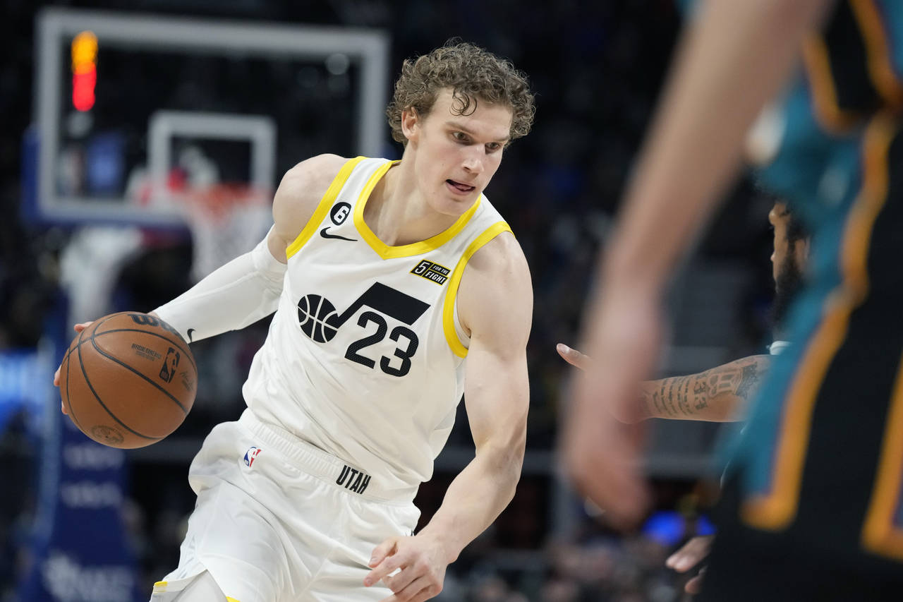 Utah Jazz forward Lauri Markkanen (23) drives during the second half of an NBA basketball game agai...