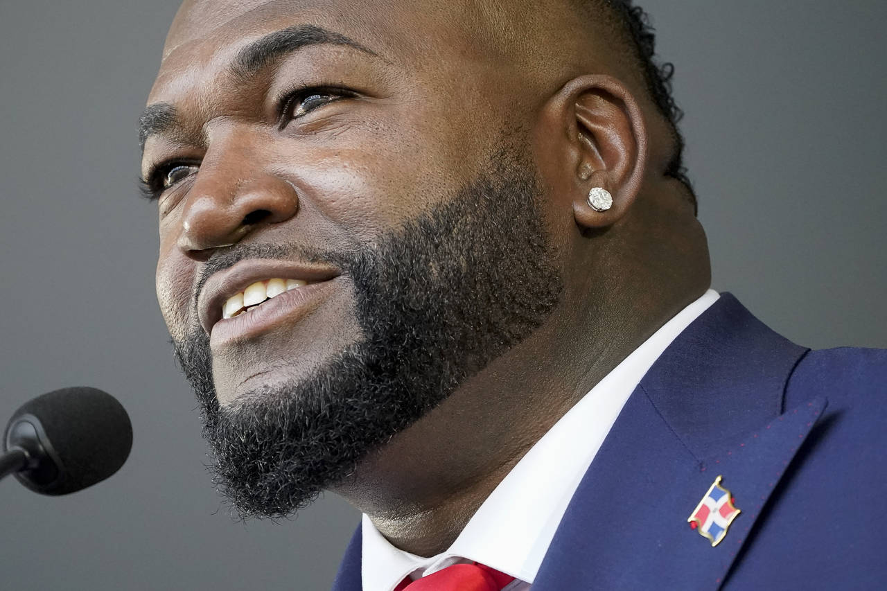 FILE - Hall of Fame inductee David Ortiz, formerly of the Boston Red Sox, speaks during the Nationa...