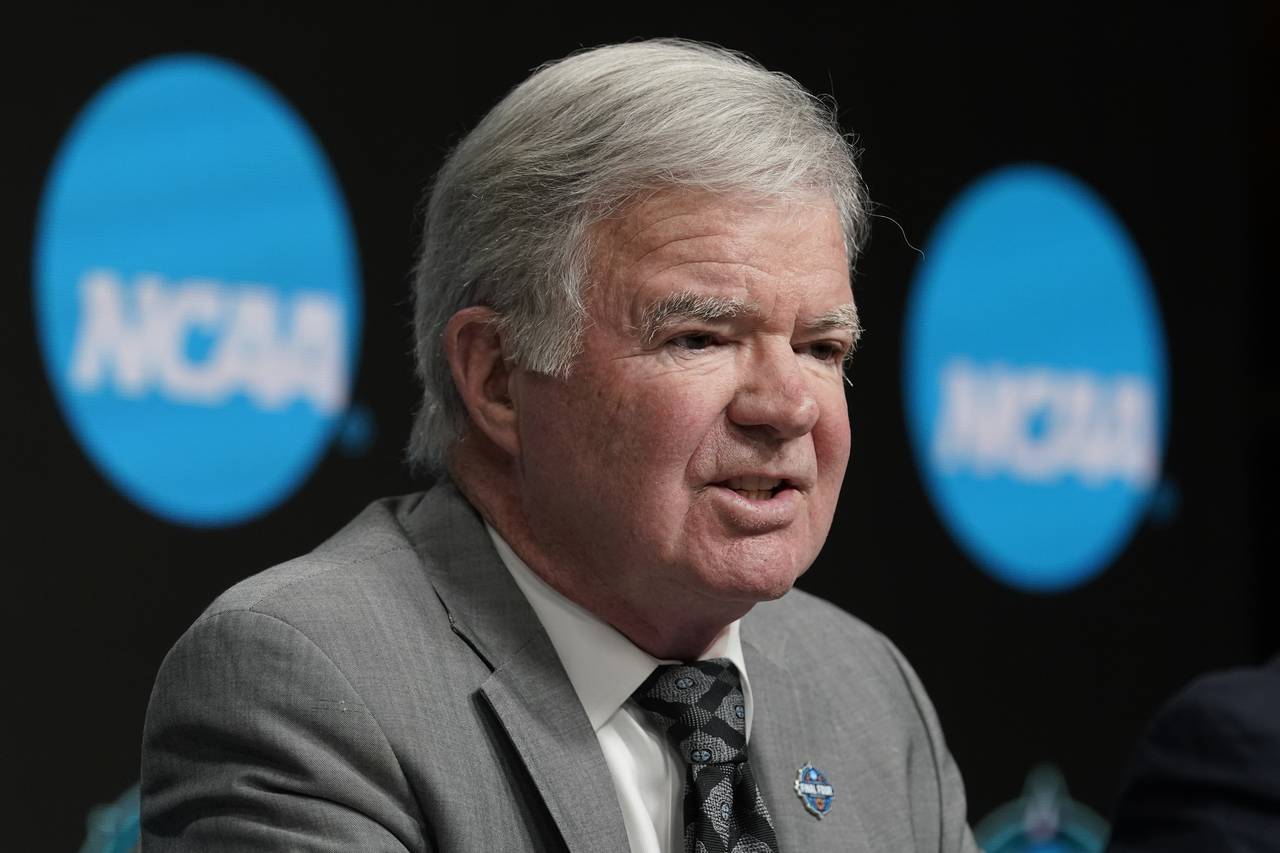 FILE - NCAA President Mark Emmert speaks at a news conference at the Target Center, site of of the ...