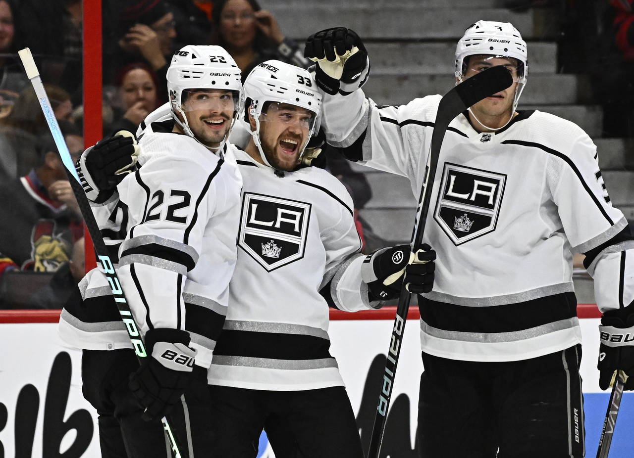 Los Angeles Kings right wing Viktor Arvidsson celebrates scoring his second goal of the game agains...