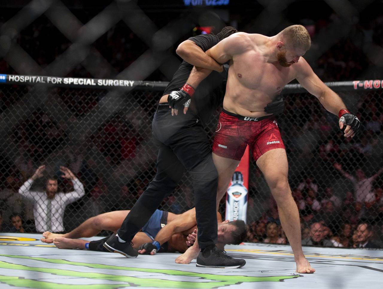 FILE - Jan Blachowicz, right, reacts after knocking out Luke Rockhold during the second round of th...