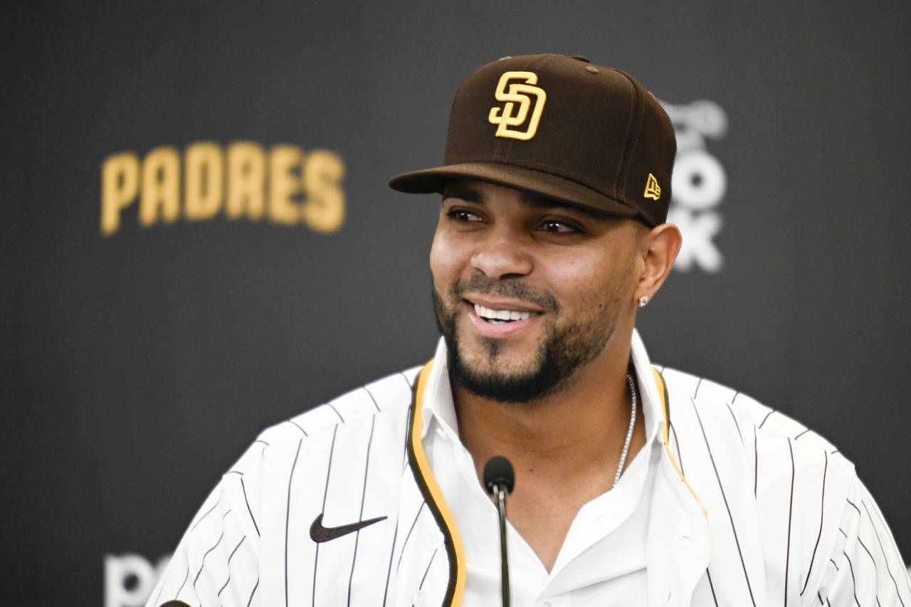 San Diego Padres' Xander Bogaerts speaks at news conference held to announce that his $280 million,...