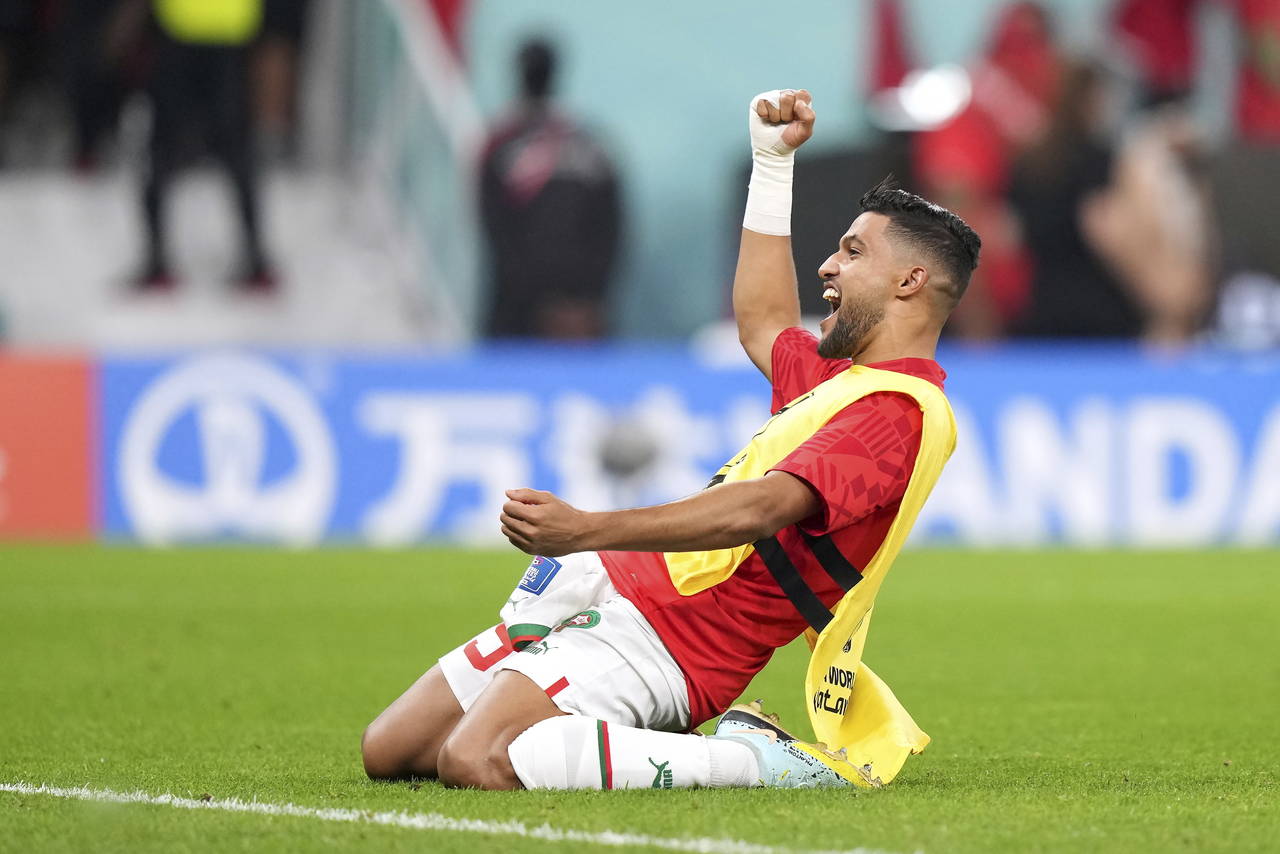 Morocco defender Achraf Hakimi (2) celebrates after Morocco defeated Canada in a group F World Cup ...