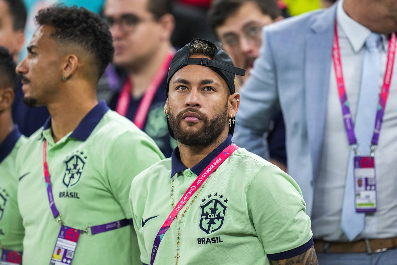 Brazil's Neymar looks on prior the World Cup group G soccer match between Cameroon and Brazil, at t...