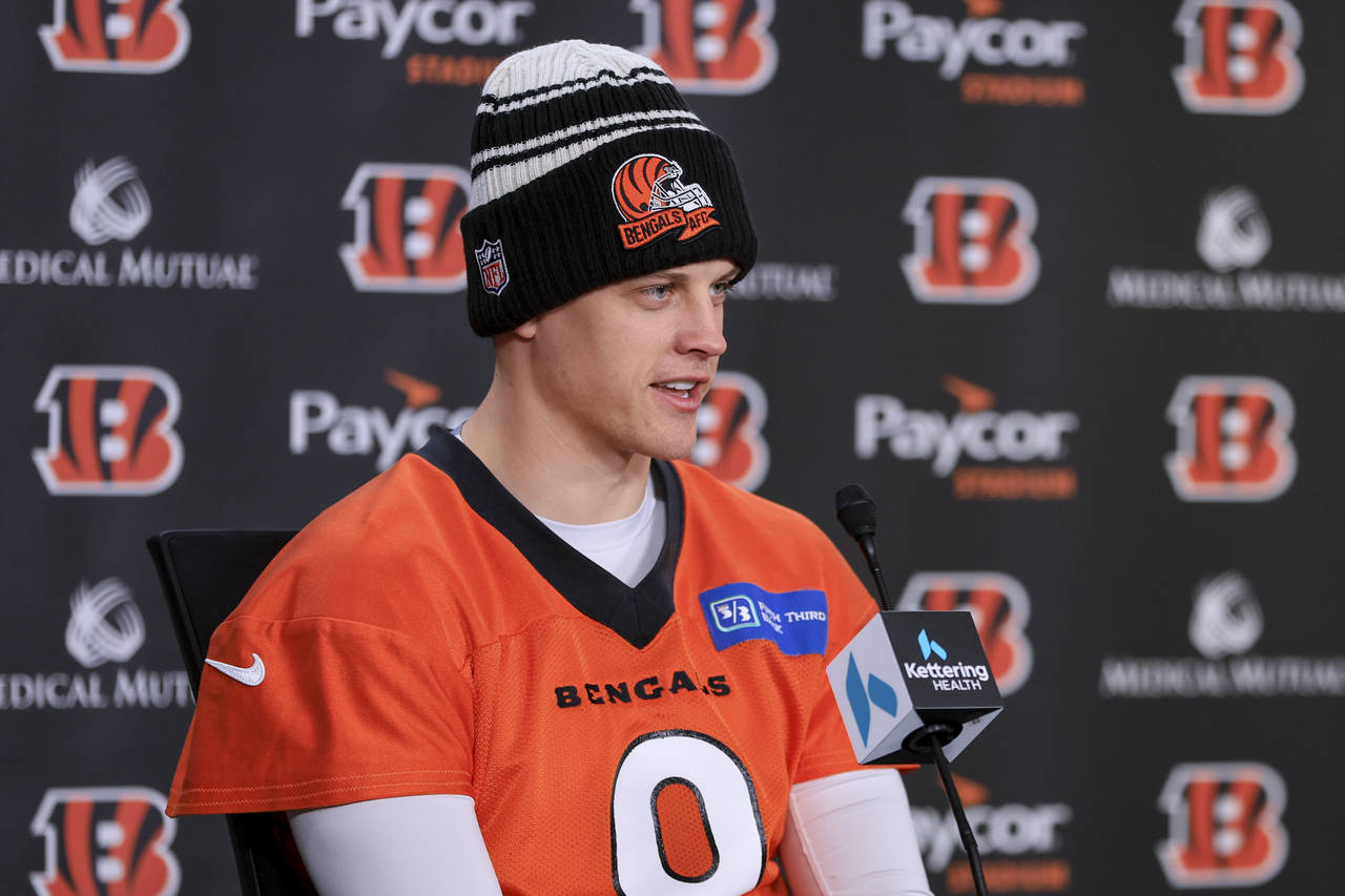 Cincinnati Bengals quarterback Joe Burrow speaks with the media, Friday, Jan. 27, 2023, in Cincinna...