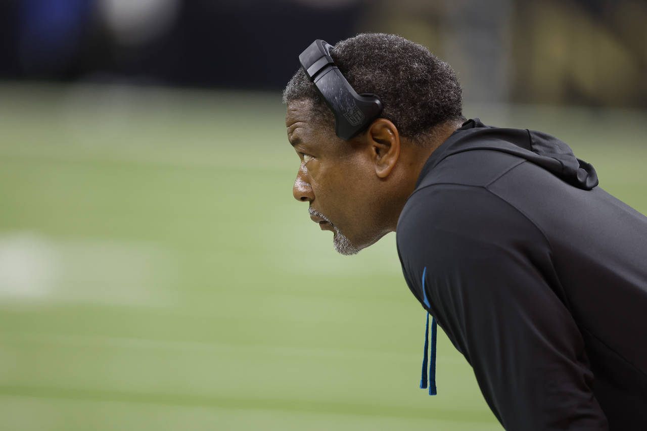 Carolina Panthers head coach Steve Wilks watches during the first half an NFL football game between...