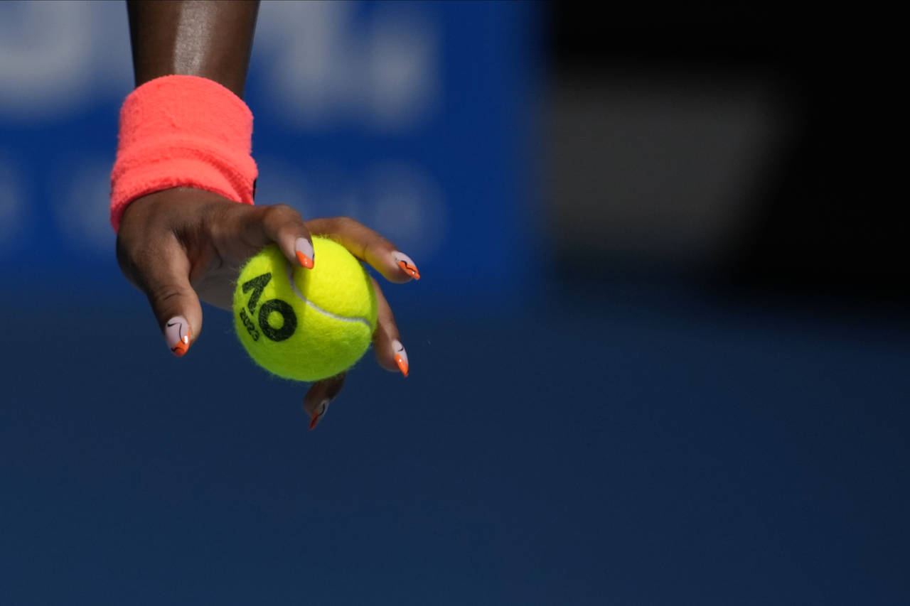 Coco Gauff of the U.S. prepares to serve to Katerina Siniakova of the Czech Republic during their f...
